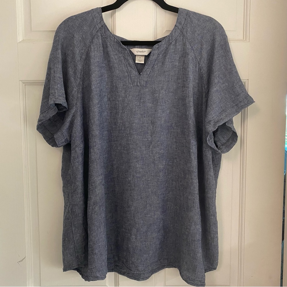 CJ Banks Linen Blend Blue Denim Colored Short Sleeved Top, Gently Used Condition